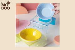 Macaron-colored cat bowl with an acrylic stand